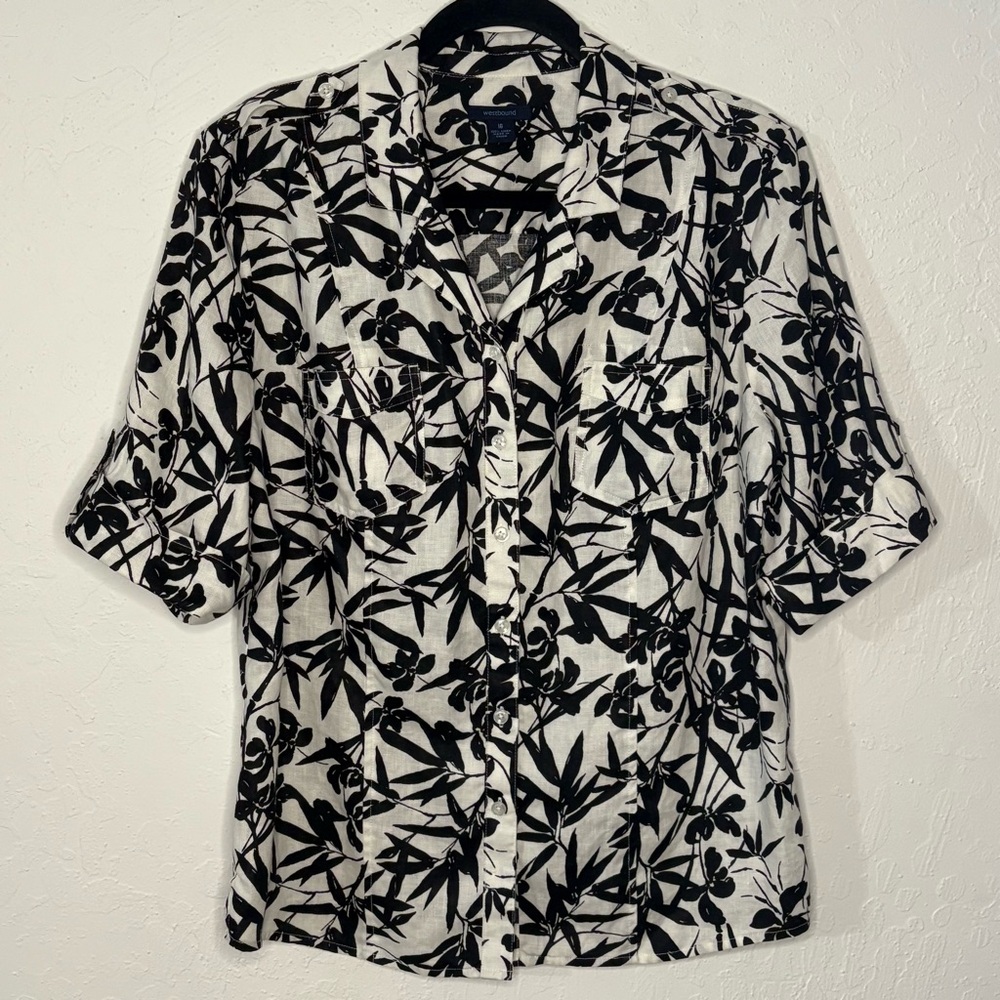 Westbound Women's 100% Linen Blouse Sz 16 Black/White Print‎ Tropical Floral